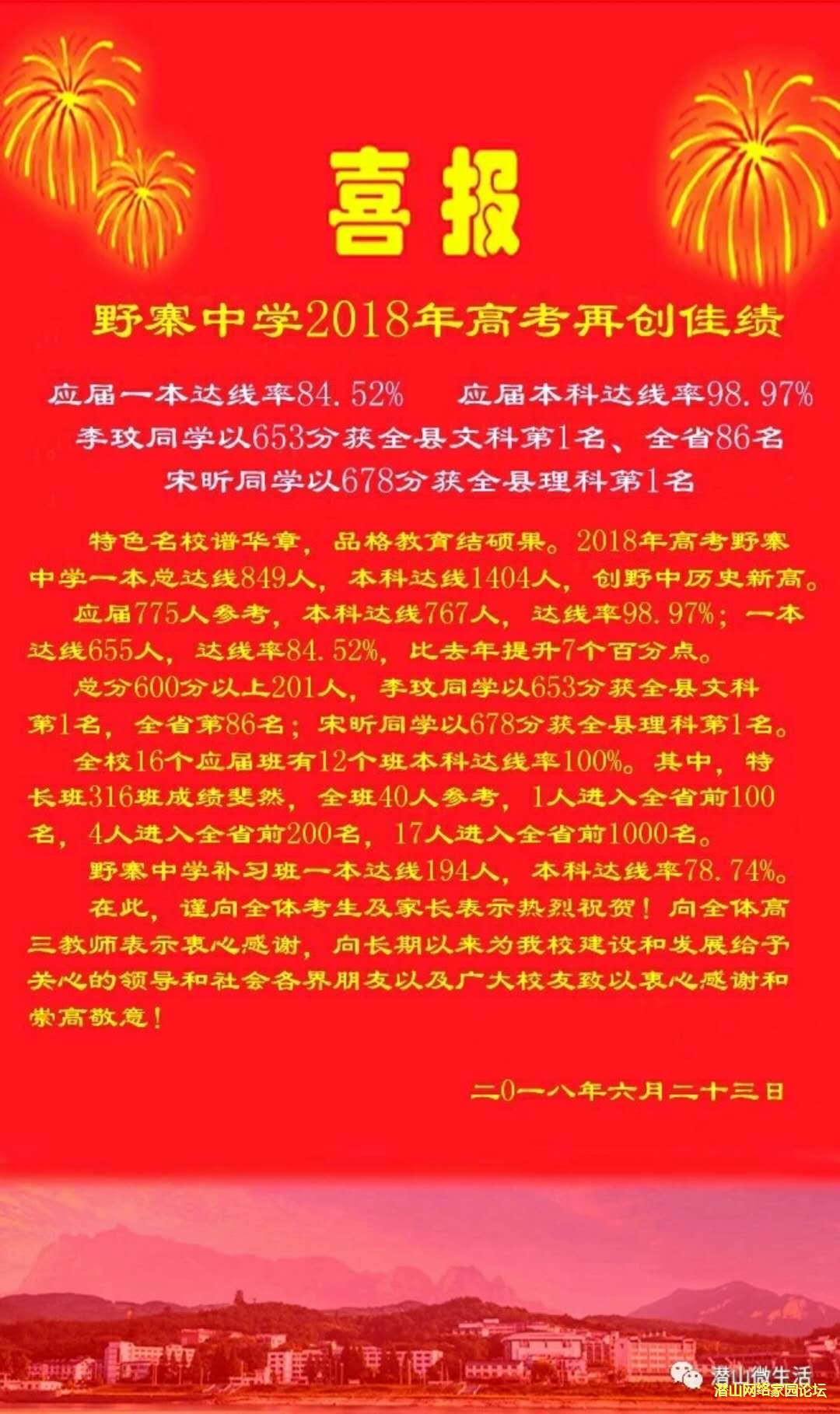 【祝贺】安徽省潜山野寨中学2018高考喜报